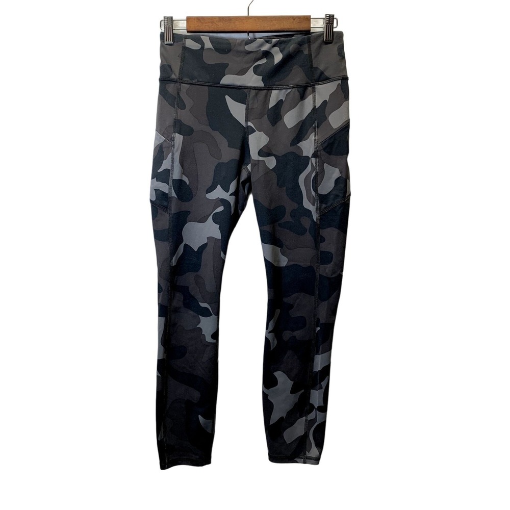 Athleta Contender Leggings Womens S Black Gray Camo Zip Pockets Stretch Pants